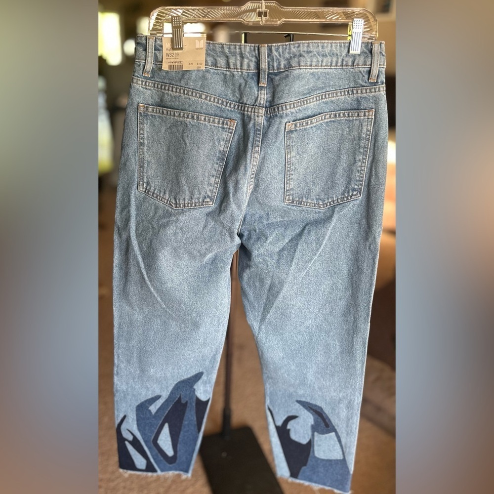 Topshop Blue Straight Leg Jeans with Black & Blue Pattern - Picture 3 of 5